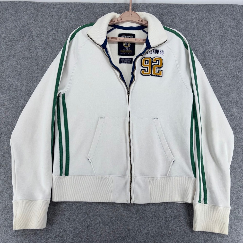 VTG Abercrombie & Fitch Men Track Jacket Off White Green Stripe Full Zp Large 92